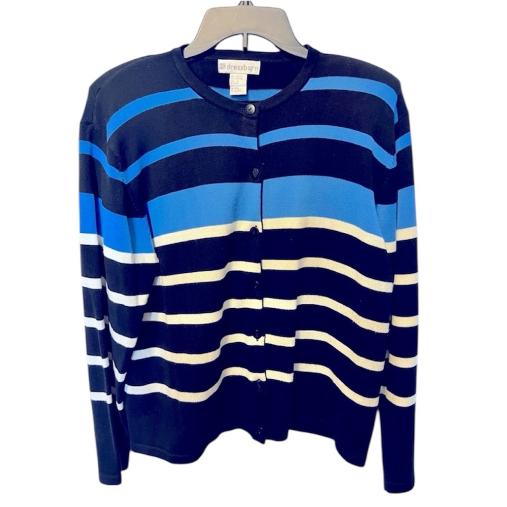 Vivid Cobalt Blue/Black/Cream Striped Cardigan by Dress Barn. Size = Large.